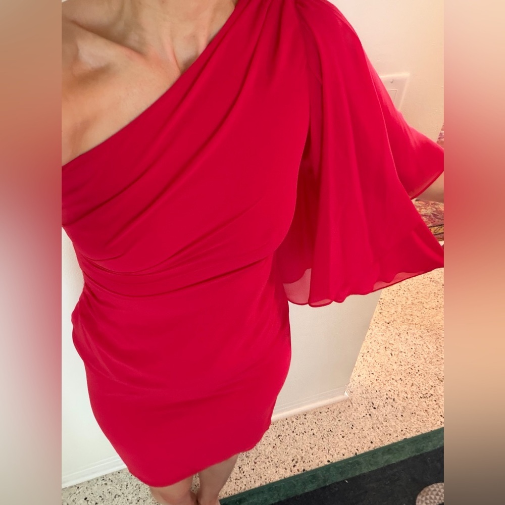 Evan Picone raspberry pink chiffon one shoulder mini cocktail dress 6 lined